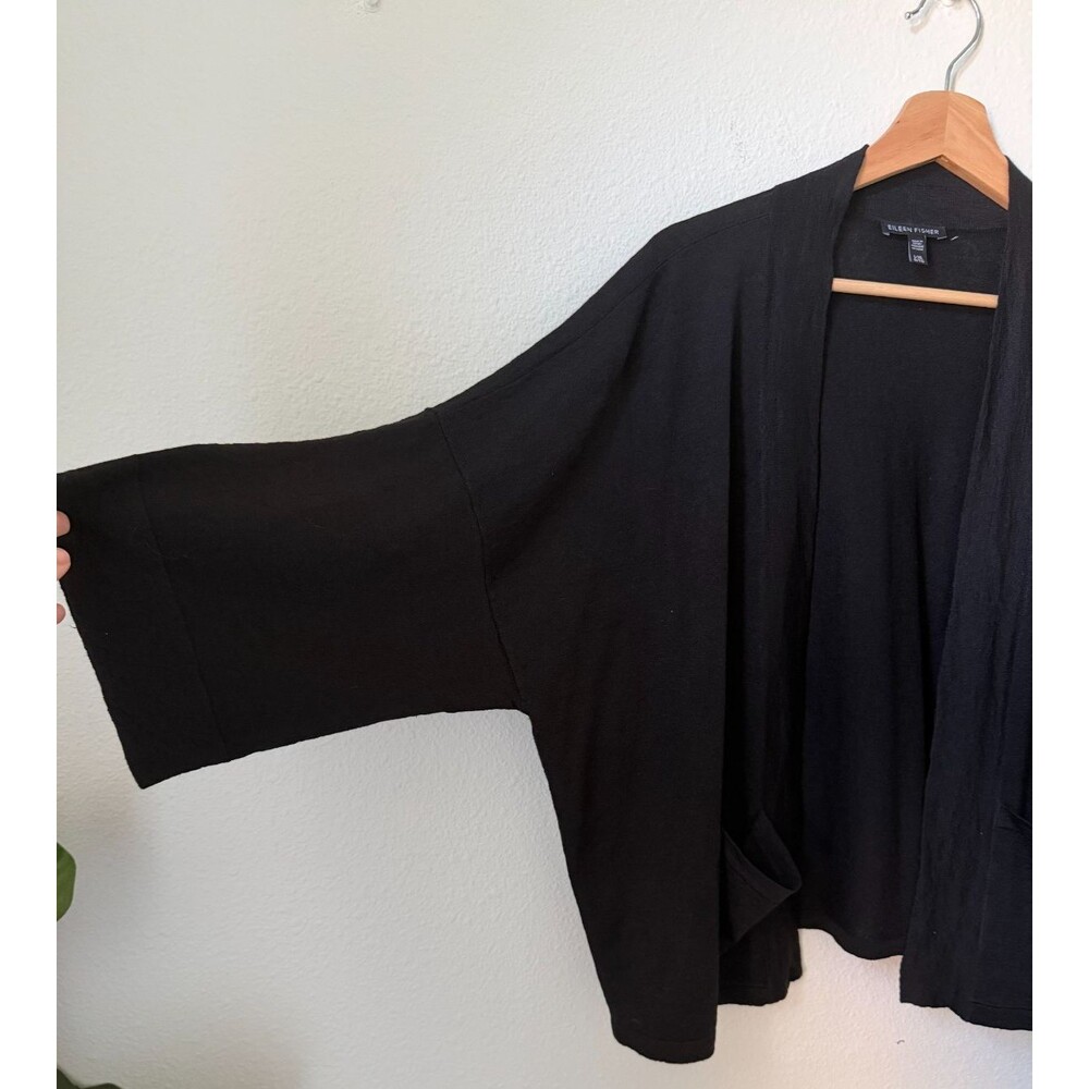 Eileen Fisher Sweater Womens L/XL Black Linen Blend Kimono Cardigan Open Pockets - Picture 5 of 6
